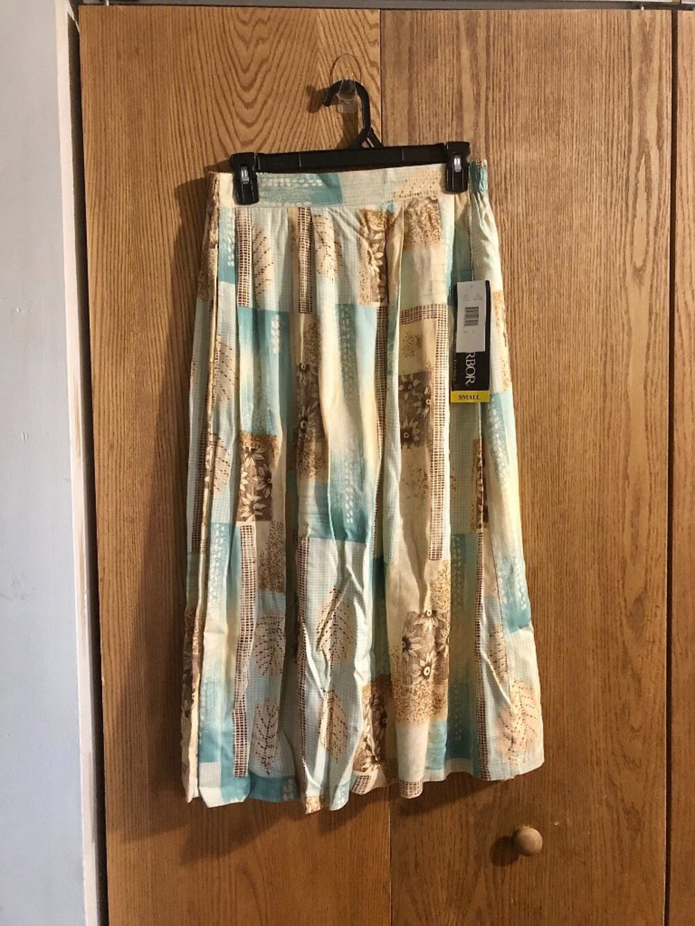 NWT Small Midi Skirt Patchwork Floral Leaf Print Pleated Elastic Waist